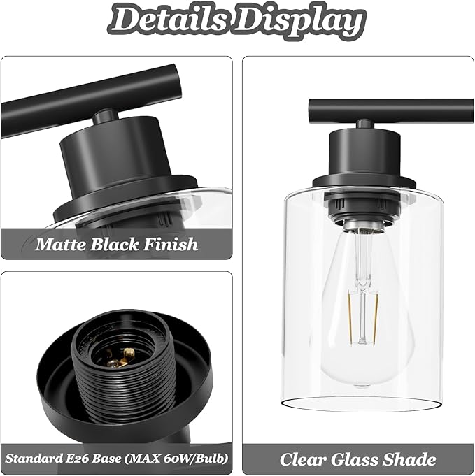 Guliaofo 4-Light Black Bathroom Light Fixtures, E26 Modern Vanity Lights - Image 3