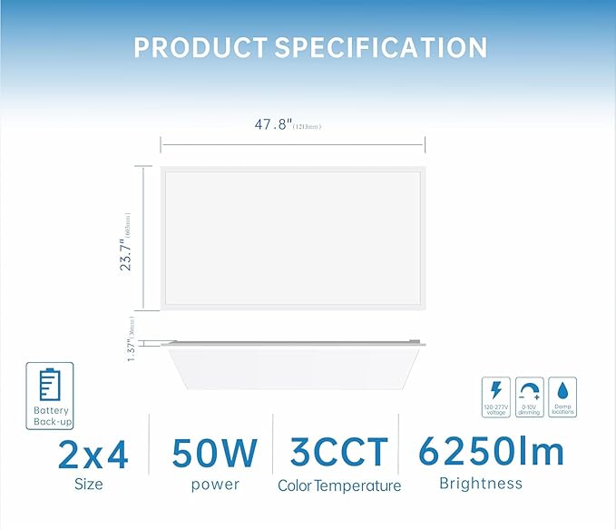 2X4 LED Flat Panel Light with Emergency Battery Backup, 50W 3000K/4000K/5000K - Image 4