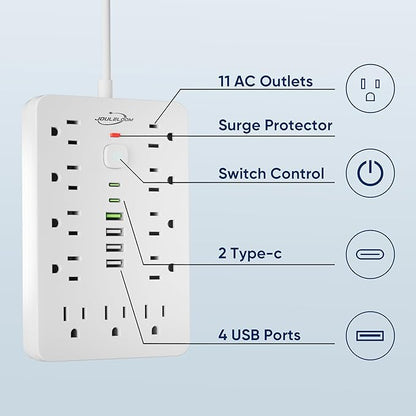 JouleLoom 20 FT Flat Plug Surge Protector Power Strip, 11 Multiple AC Outlets - Image 3