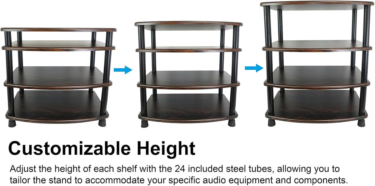 Rockville FLX Dark Wood Adjustable Height 4 Shelf Home Theater Audio Rack