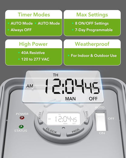 BN-LINK Pool Pump Timer, Outdoor Timer Box, Heavy Duty, 2HP 40A Max, 277 VAC - Image 2