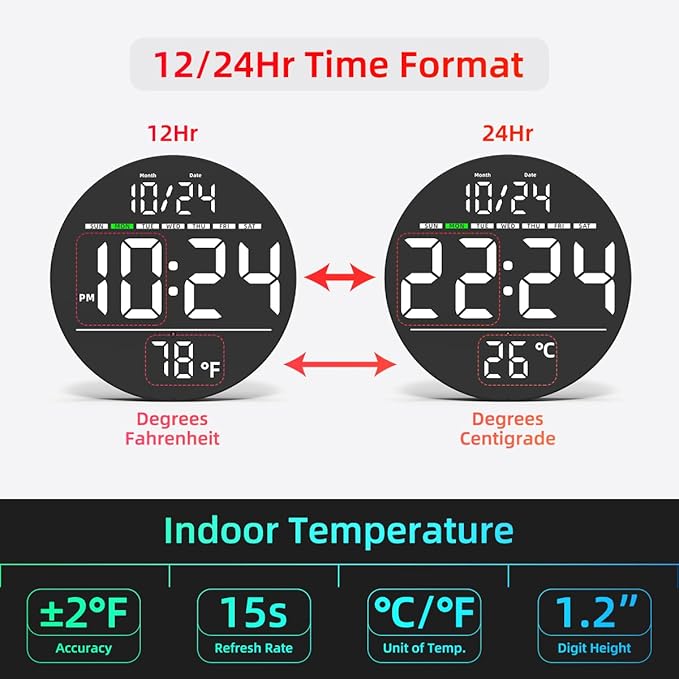Digital Wall Clock with Large LED Display, Temperature, Auto-Brightness | Small - Image 5