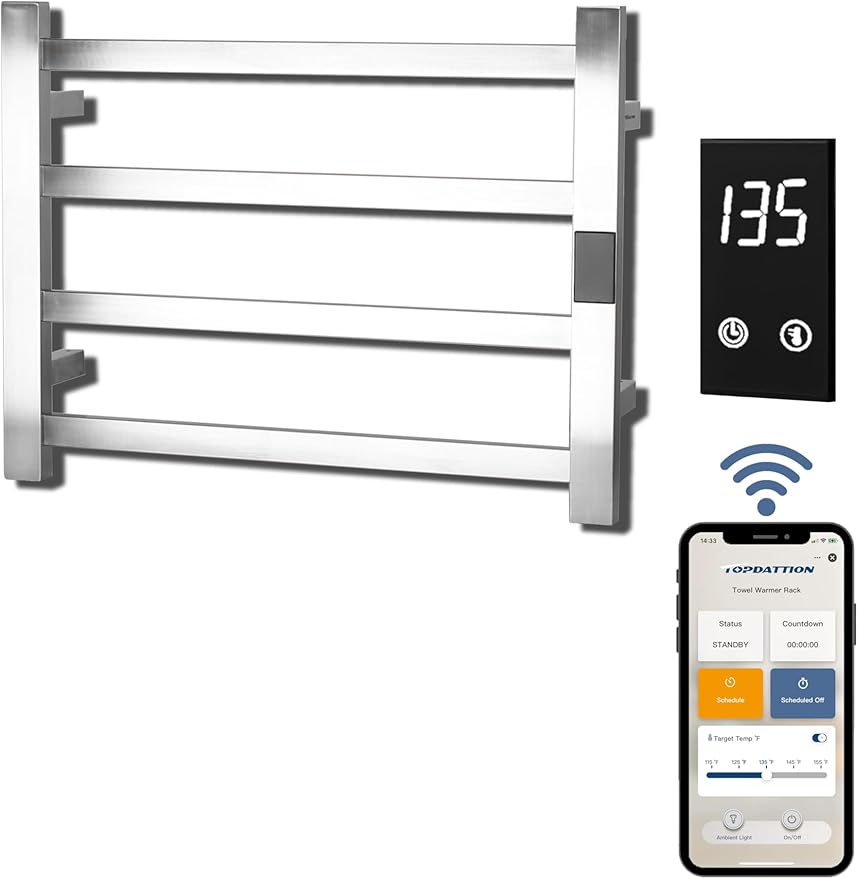 Smart Wireless Electric Towel Warmer | Blade Thin 4 Bar Design | Hardwired & by Topdattion
