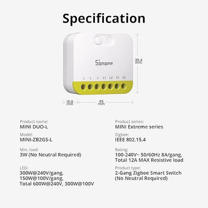 SONOFF MINI Duo-L Zigbee Smart Switch – No Neutral Wire, Zigbee 3.0, Dual - Image 9