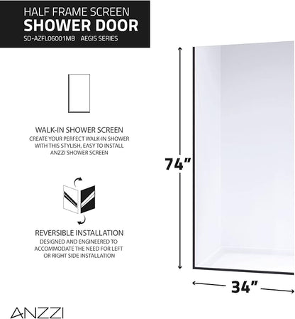ANZZI 74 X 34 Inch Frameless Fixed Glass Shower Screen Shower Door in Matte - Image 3