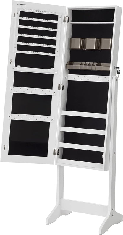 SONGMICS LED Jewelry Cabinet Standing, Lockable Armoire | Freestanding Storage Organizer with 2 Plastic Cosmetic Storage, Full-Length Mirror, for Necklace Earring, White UJJC002W01