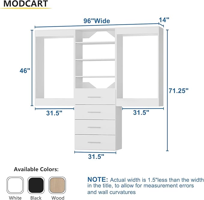 96" Modular Closet with Hanging and Drawers, Wall-Mounted Wardrobe Organizer - Image 2