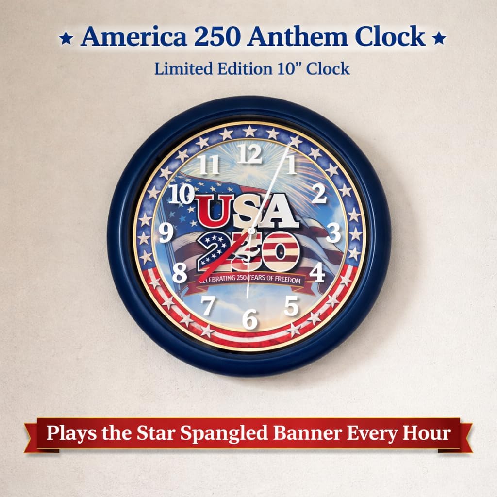 Wall Clock, America 250 Musical Anthem, Battery, Blue | 10-inch Analog Clock, Patriotic Design, Silent Hours Programmable, Plays Star-Spangled Banner | Batteries Not Included