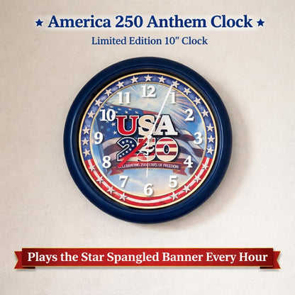 Wall Clock, America 250 Musical Anthem, Battery, Blue | 10-inch Analog Clock, Patriotic Design, Silent Hours Programmable, Plays Star-Spangled Banner | Batteries Not Included