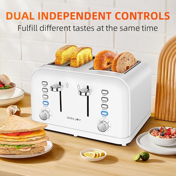 White Toaster 4 Slice, Dual Independent Controls, Extra Wide Slot Toasters - Image 3
