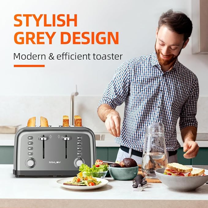 Grey Toaster 4 Slice, Dual Independent Controls, Extra Wide Slot Toasters - Image 2