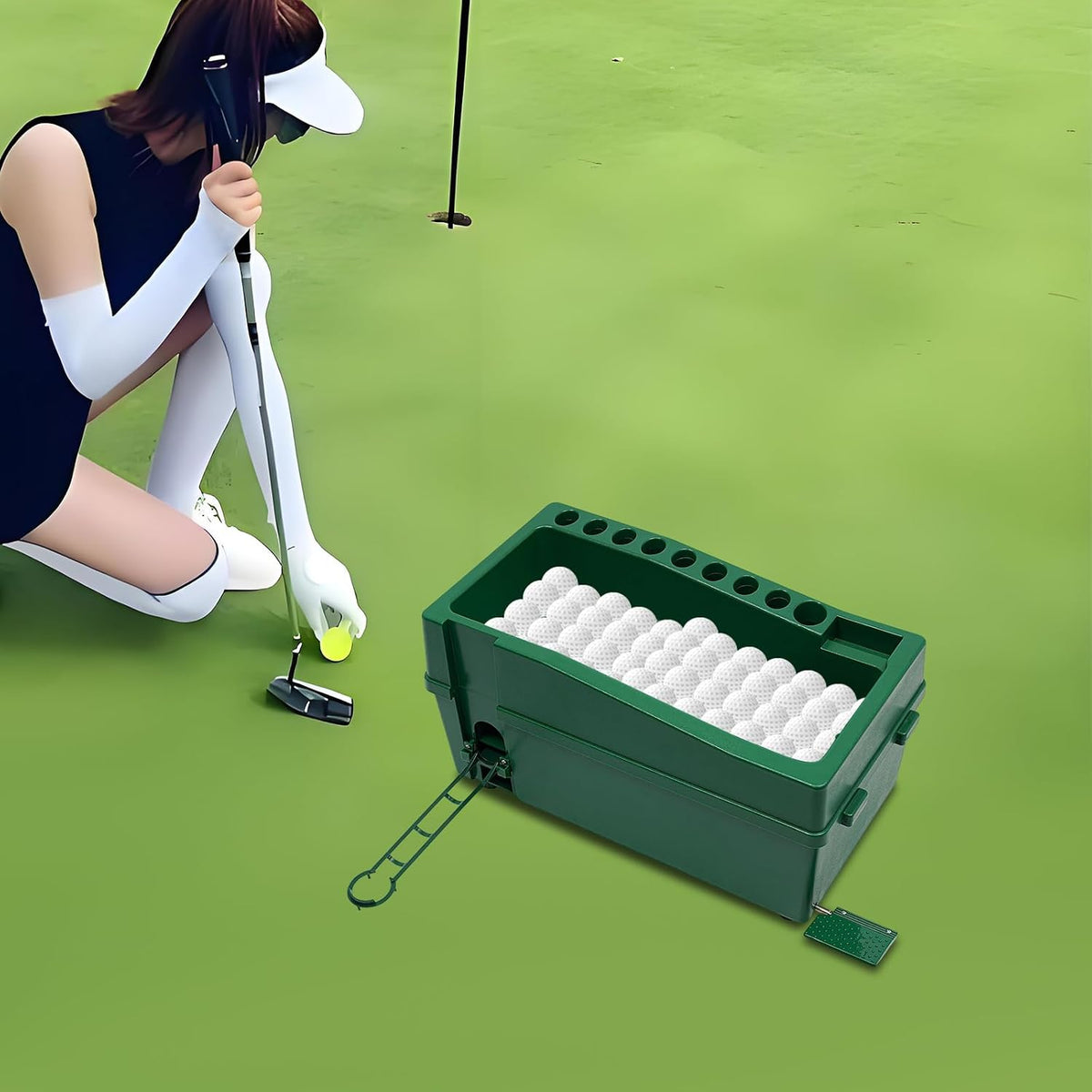automatic golf ball dispenser with tee up machine, front angle view