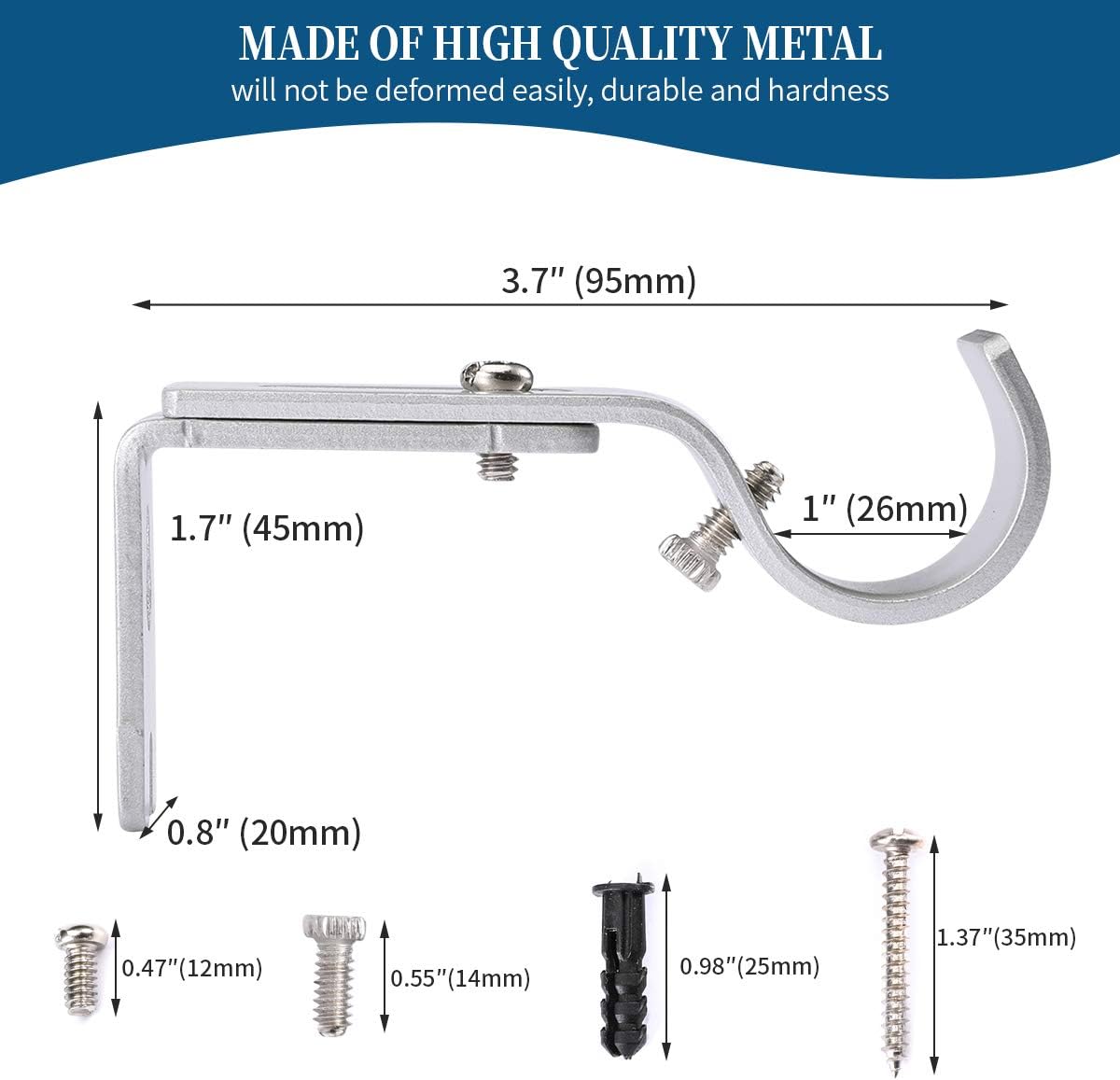 Heavy Duty Adjustable Curtain Rod Brackets Rod Holders for 1 Inch Rod, Silver Color, (Set of 2)
