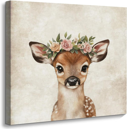 ORIDOMY Cute Deer Wall Art for Baby Nursery Wildlife Deer Wearing Wreath Wall Pictures Vintage Animal Portrait Photo Painting for Farmhouse Bedroom Bathroom Home Office Decor Kids Gifts 12"x12"