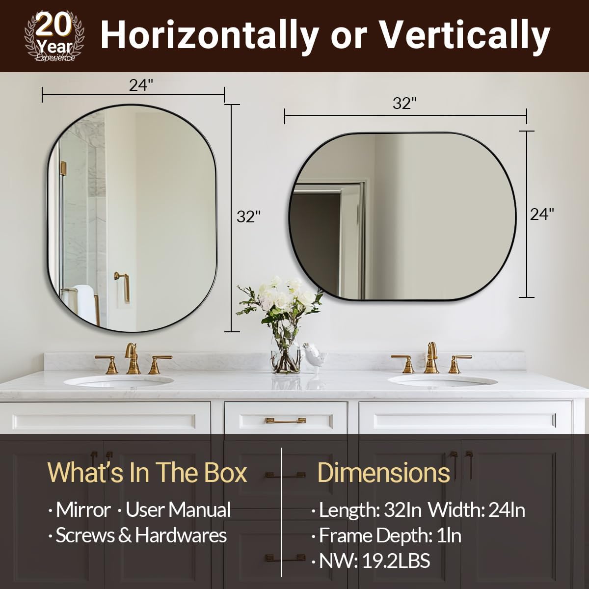 24x32'' Oval Mirror, Black Oval Mirror Pill-Shaped Design in Stainless Steel Metal Frame for Bathroom, Entryway, Living Room, Contemporary 1" Deep Wall Mount Vertical or Horizontal