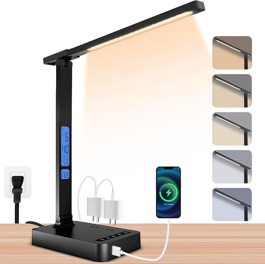 snsok Smart Desk Lamp with Dual USB Charging & 2 AC Outlets, Digital Clock by snsok