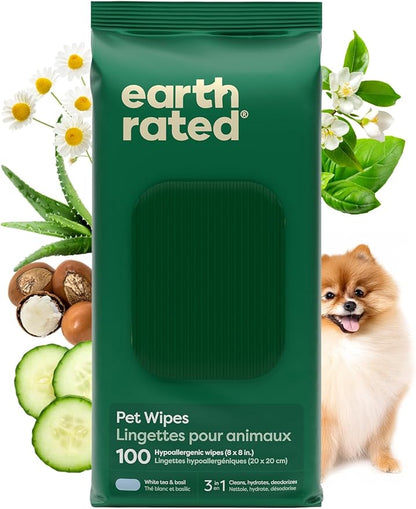 Earth Rated Pet Wipes for Dogs and Cats, Hypoallergenic, 3-in-1 Cleaning by EarthRated