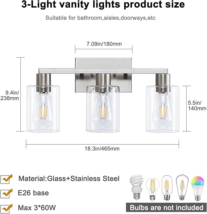 SOPEAS 3-Light Vanity Lights, Brushed Nickel Vanity Light, - Image 3