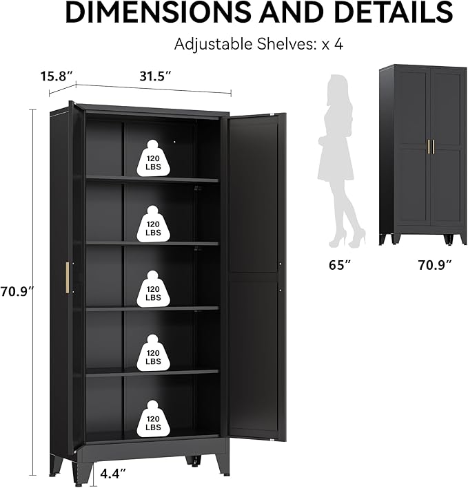 COFaR 71" Modern Pantry Cabinet in Black, 5-Tier Storage Cabinet - Image 2