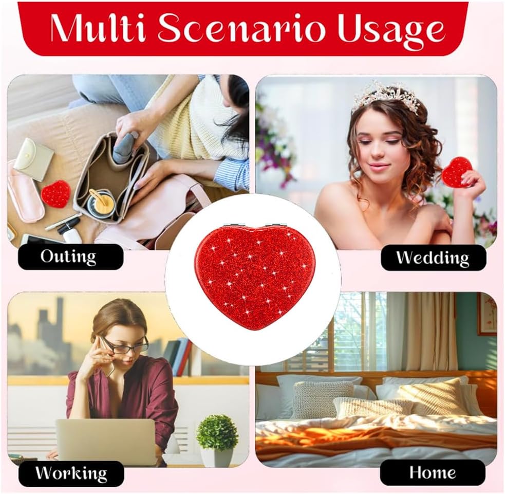 Red Heart Shaped Compact Mirror for Purse,1x/2x Magnification Cute Travel Mirror with Glitter,2.76 inch Double-Sided Mini Folding Mirror,Small Pocket Mirror for Gift,Travel Essentials