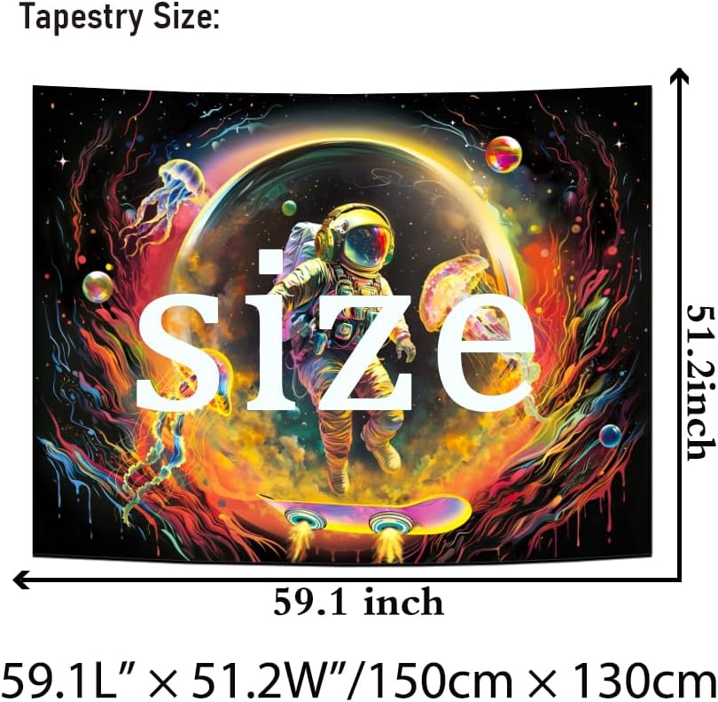 Heopapin Blacklight Astronaut Space Tapestry UV Reactive Planet Jellyfish Wall Tapestry Skateboard Astronaut Space Journey Art Tapestries Wall Hanging for Room L59×W51