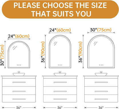 24"x36" Arched LED Lighted Bathroom Mirror with Lights | Gold Aluminum Frame, Fogless, Dimmable, Shatterproof, Touch Sensor, 3 Color Changing
