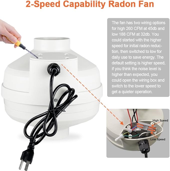 MIDCVFRUN 4 inch Radon Fan, 2 speed 260/188CFM Radon Mitigation System Quickly - Image 2