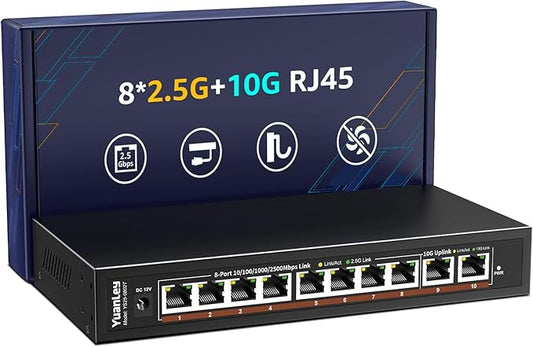10 Port 10G Ethernet Switch Unmanaged, 8 x 2.5G Base-T Ports, 2 x 10Gb RJ45 by YuanLey