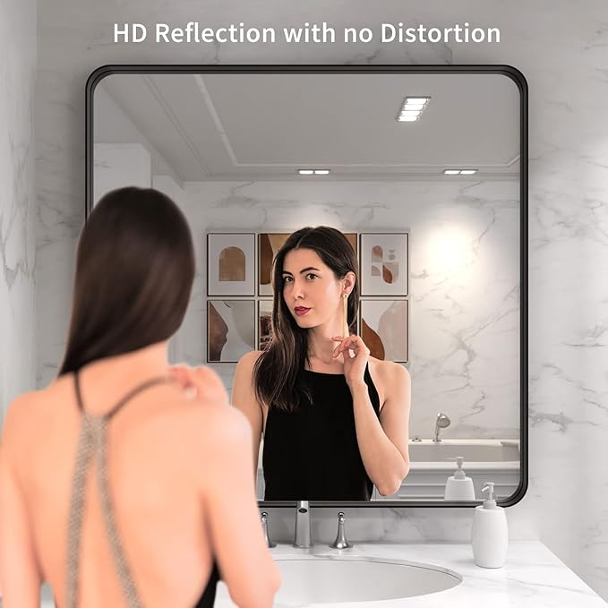 LOAAO 36X36 Inch Black Metal Framed Bathroom Mirror - Image 2