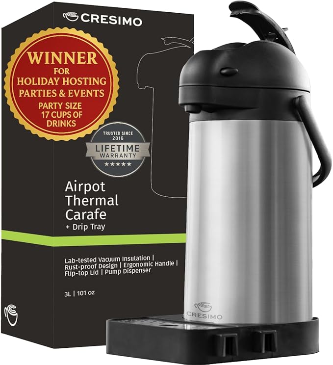 Airpot Coffee Dispenser with Pump & Tray - 102oz/3L Coffee Carafe with Pump - by Cresimo