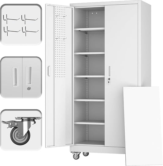 Garage Storage Cabinet with Wheels and Pegboard, Metal Storage Cabinet with 5 by REEMOON