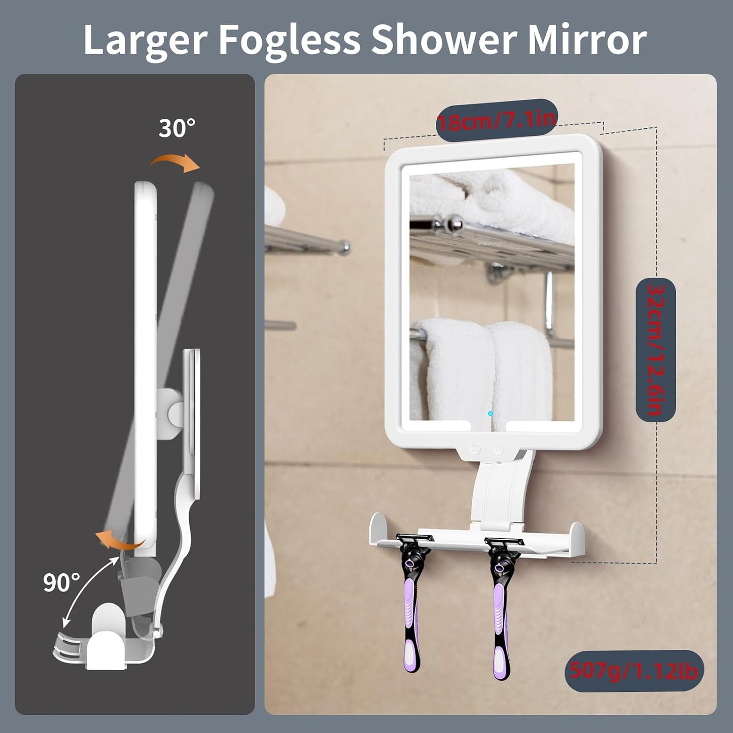 Heated Shower Mirror Fogless for Shaving, 3 Color Dimming Shower Shaving Mirror, 9.5 * 8inch Anti-Fog Shower Mirror with Lights, Wall-Mounted Large Shaving Mirror with Razor Holder