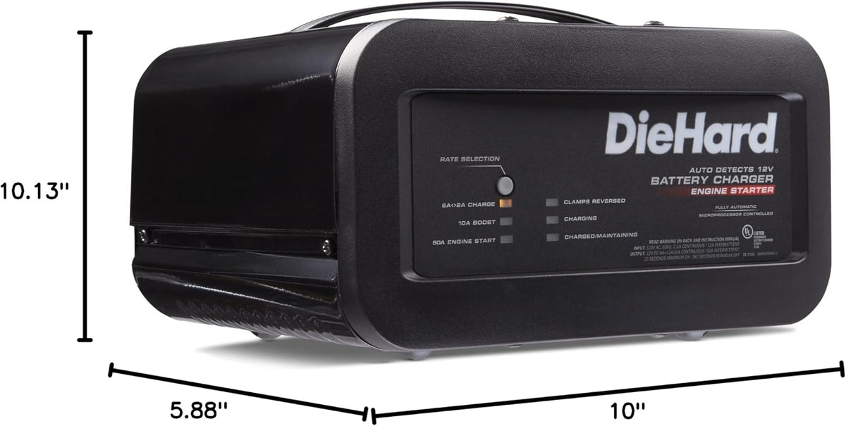 DieHard 71323 12V Shelf Smart Battery Charger and 10/50A Engine Starter, Black