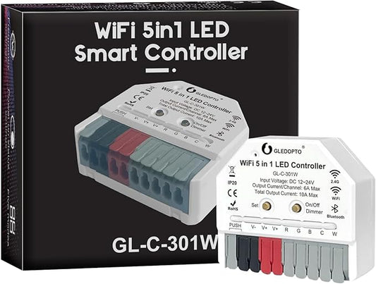 GLEDOPTO WiFi+Bluetooth 5 Modes in 1 Mini LED Strip Controller DC12-24V RGBCCT by GledoptoSmartHome