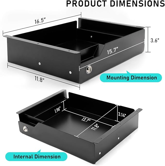 Under Desk Drawer Storage with Lock, Metal Undermount Table Drawer, Ball - Image 2