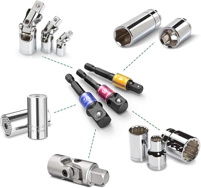 Socket Adapter Set, 1/4-Inch Hex Shank to 1/4, 1/2-Inch Square Drive, 3-Piece - Image 4