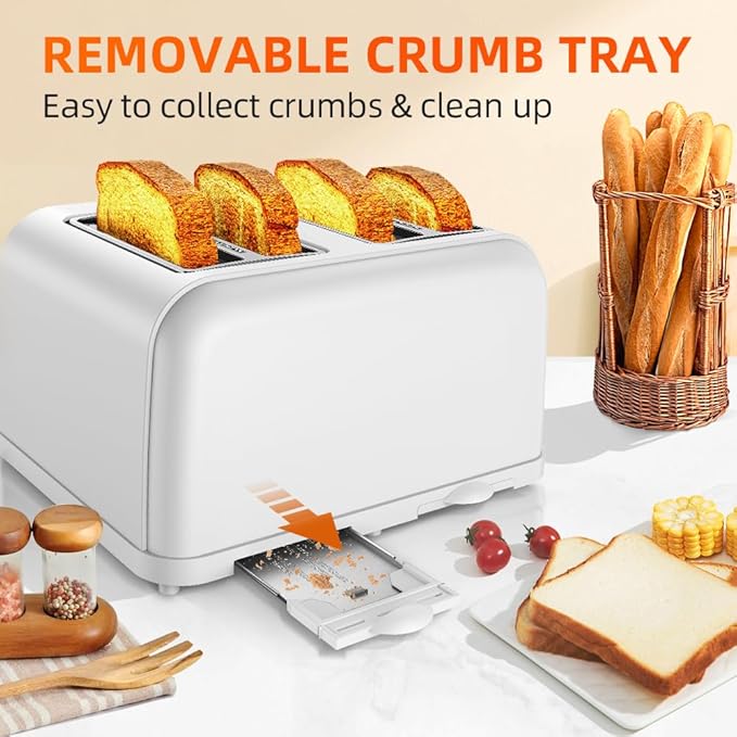 White Toaster 4 Slice, Dual Independent Controls, Extra Wide Slot Toasters - Image 7