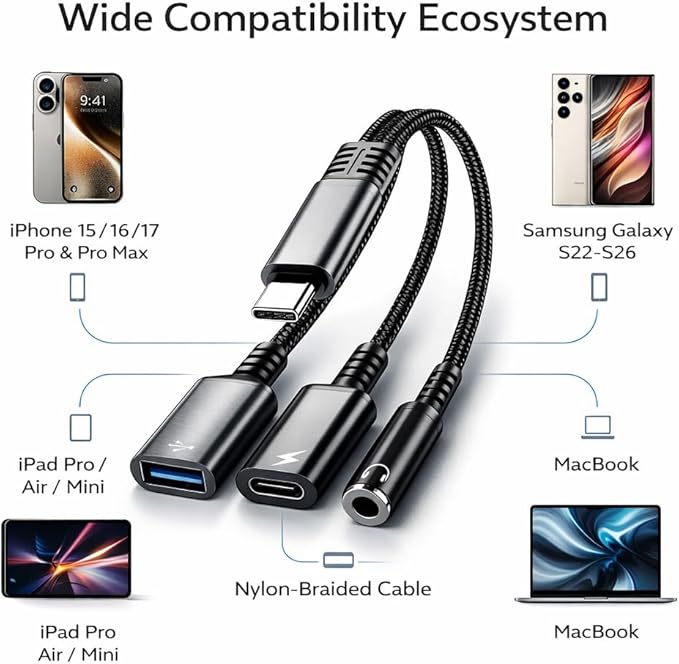 Mizi 3-in-1 USB C to Headphone Jack and Charger Adapter, 60W PD Fast Charging & - Image 6