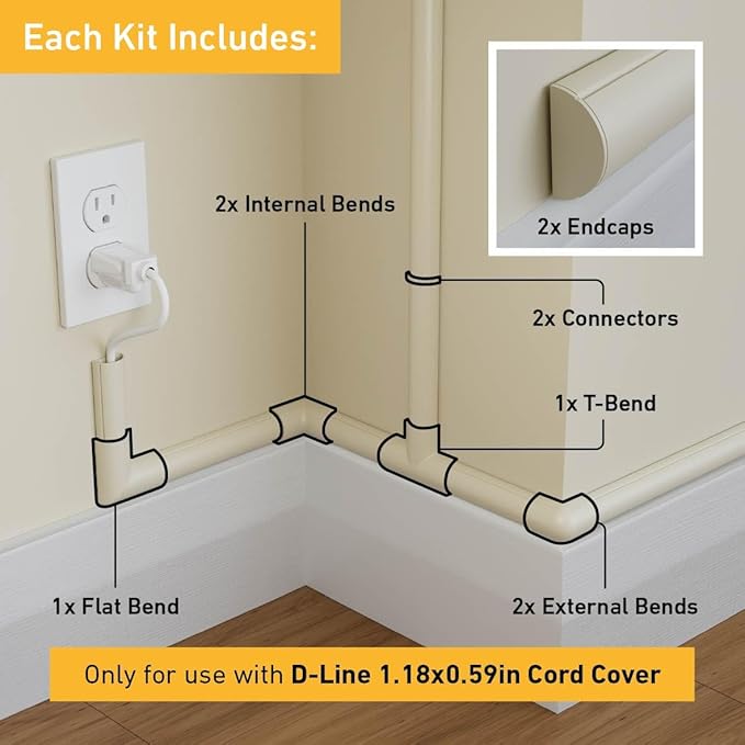 D-Line Medium Cable Raceway Accessory Pack, Join 1.18in x 0.59in Cord Cover - Image 2