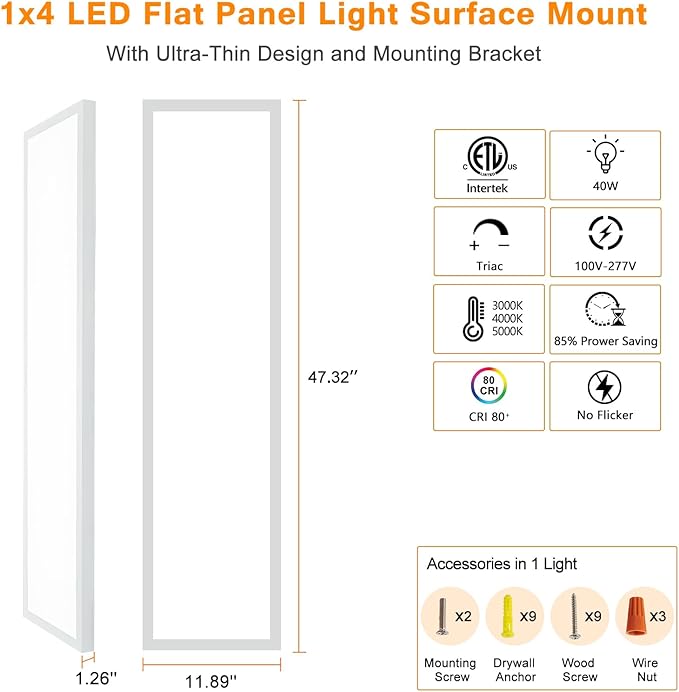 Mcacggo 12-Pack 1x4 LED Flat Panel Light Surface Mount, 3000K/4000K/5000K - Image 7