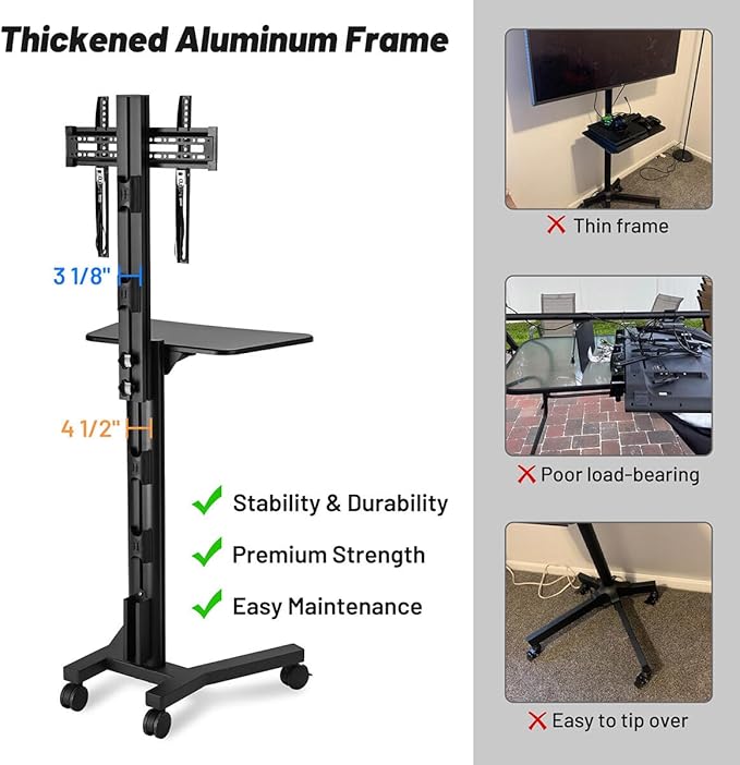 AW Rolling TV Stand Mobile TV Cart Height Adjustable - Image 3