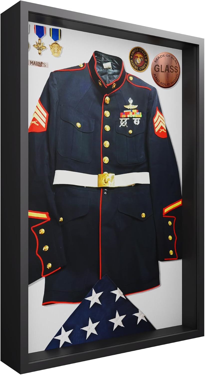 Frame Amo 24x36 Black Shadow Box Frame, Tempered Glass & Solid Wood | 1.5 inch Display Depth, 2.5 inch Thick, White or Black Background, Display Case, High End, Heavy Duty, Hanging Hardware