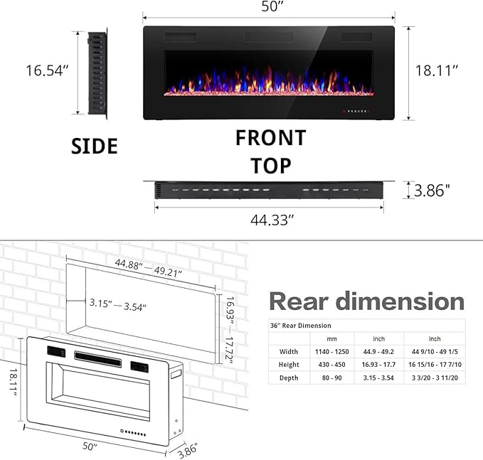 R.W.FLAME Electric Fireplace 50 inch Recessed and Wall Mounted, The Thinnest - Image 3