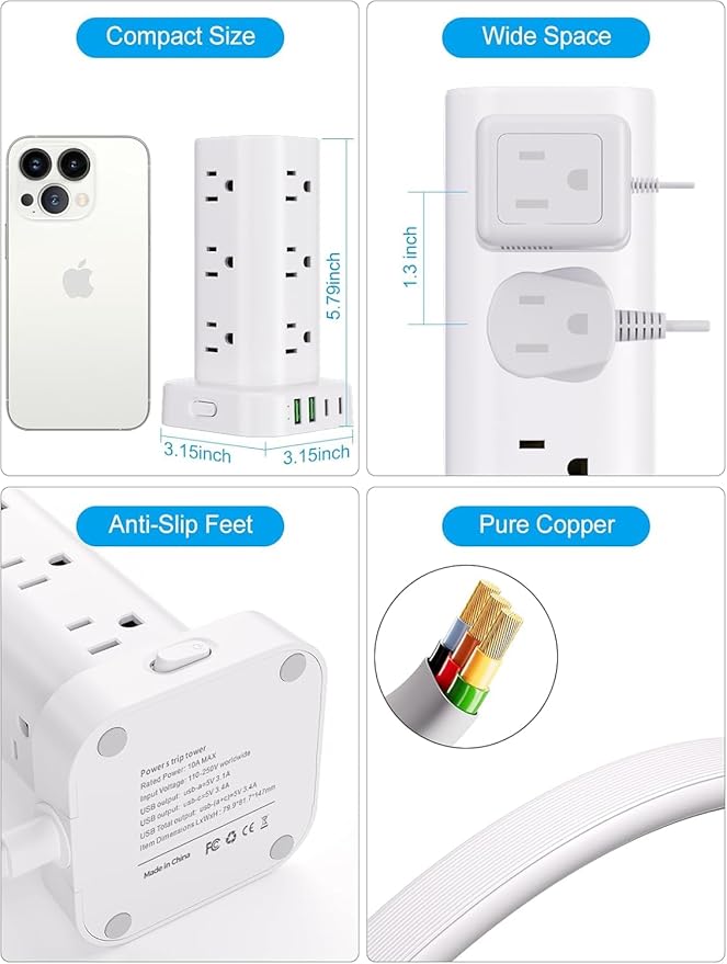 Power Strip Tower with Multiple Outlets, Flat Plug Surge Protector Tower - Image 6