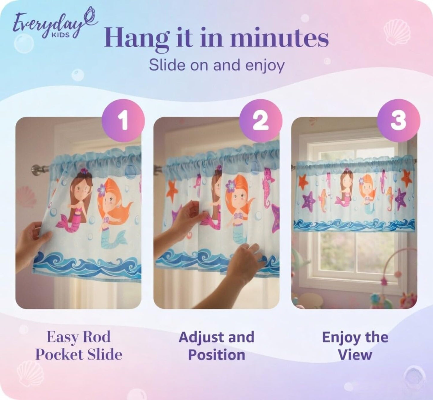EVERYDAY KIDS Mermaid 60x15” Coastal Print Window Valance for Toddler, Baby and Young Girls Bedrooms Window Décor Treatment in Turquoise, Blue, Purple and Orange