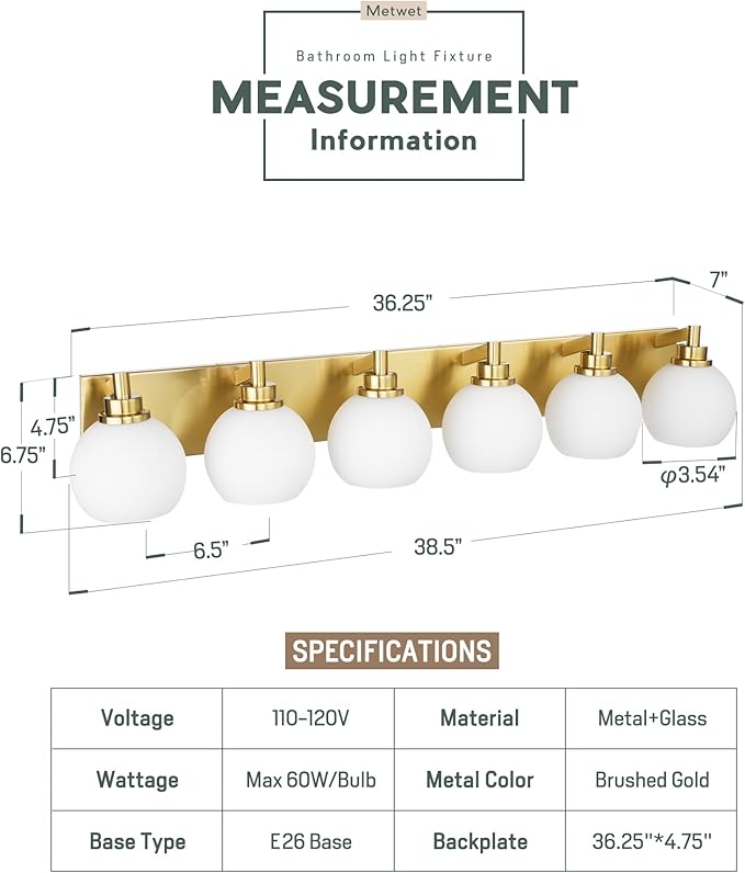 METWET Bathroom Light Fixtures, 6-Light Brushed Gold Bathroom Vanity Lights - Image 2