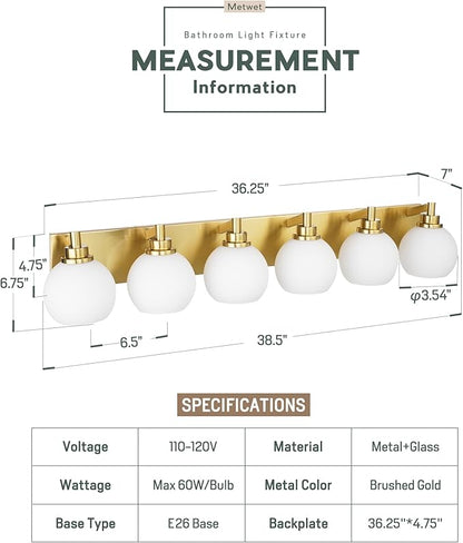 METWET Bathroom Light Fixtures, 6-Light Brushed Gold Bathroom Vanity Lights - Image 2