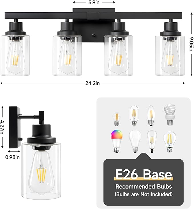 DIKAIDA Bathroom Vanity Light, 4-Light Modern Matte Black Wall Sconce Lighting - Image 3