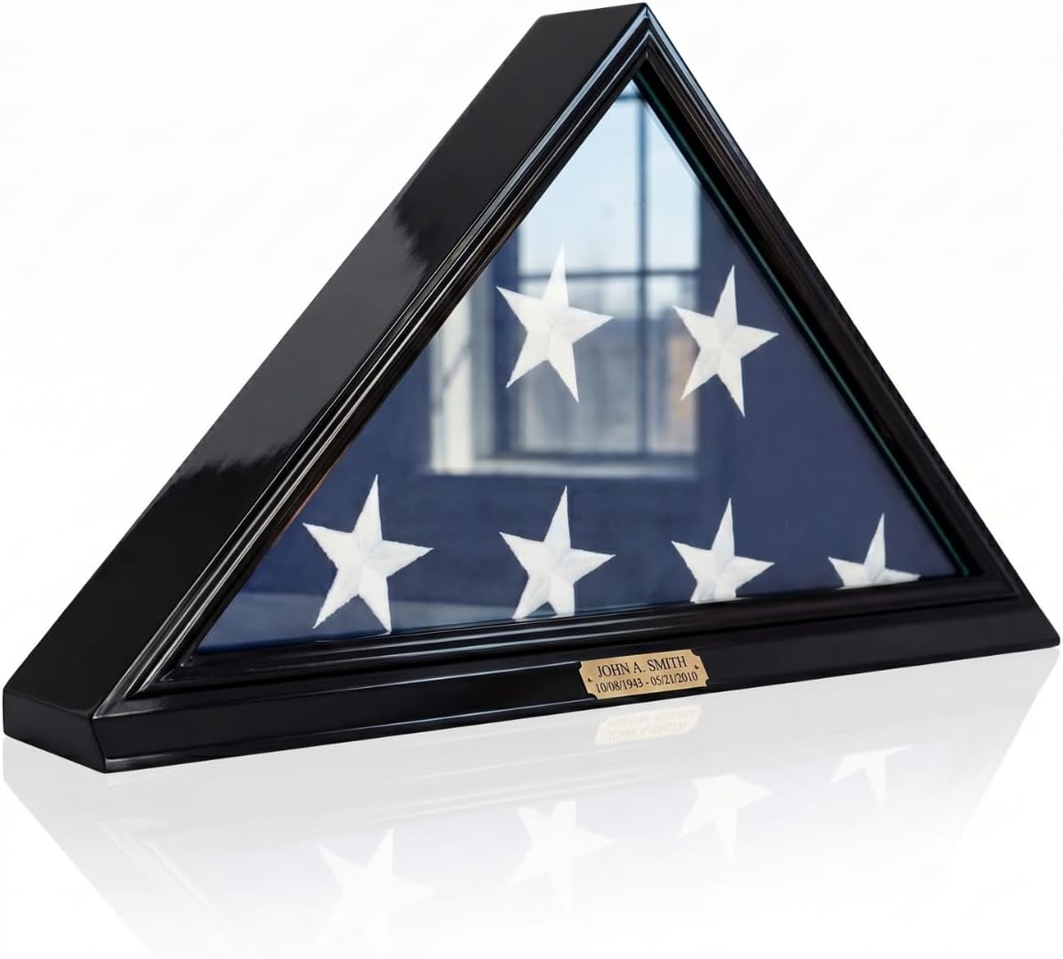 Bey-Berk Custom Personalized Solid Wood Triangle Glass Front Flag Display Case, Holds 5' x 9.5' Folded Funeral Flag or Burial Flag - Black