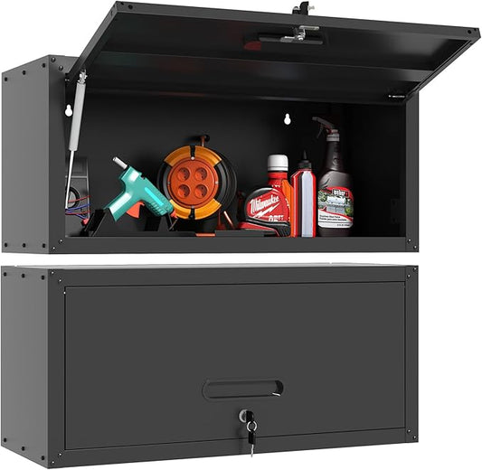 Garage Wall Cabinet with Flip-Up Door, Lockable Metal Storage Cabinet Wall by BIZOEIRON